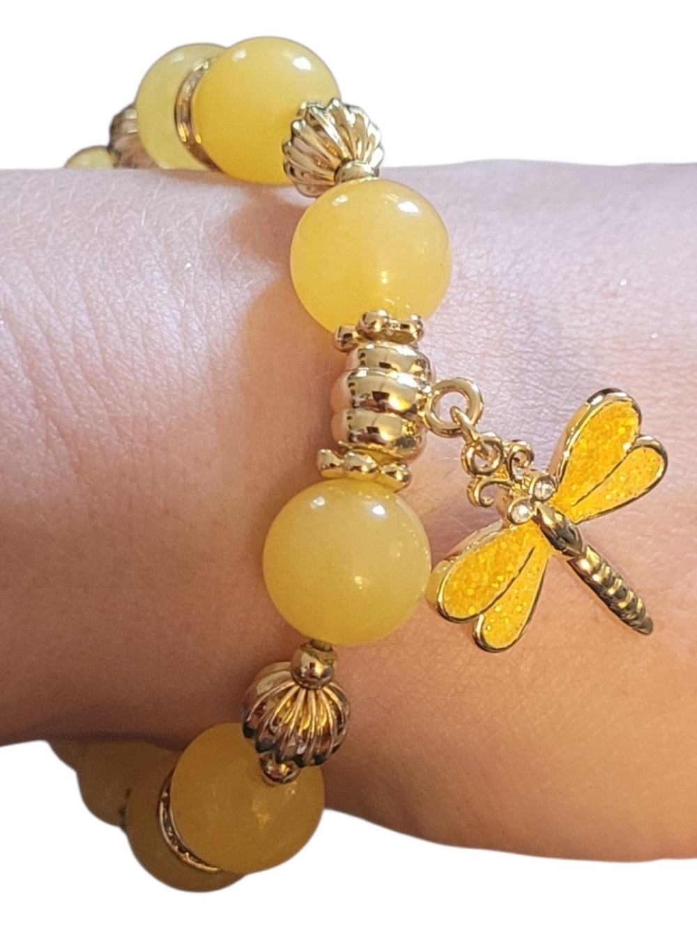 🥳4/$75!🥳 Yellow Dragonfly Beaded Stretch Bracelet - Gold Accents
